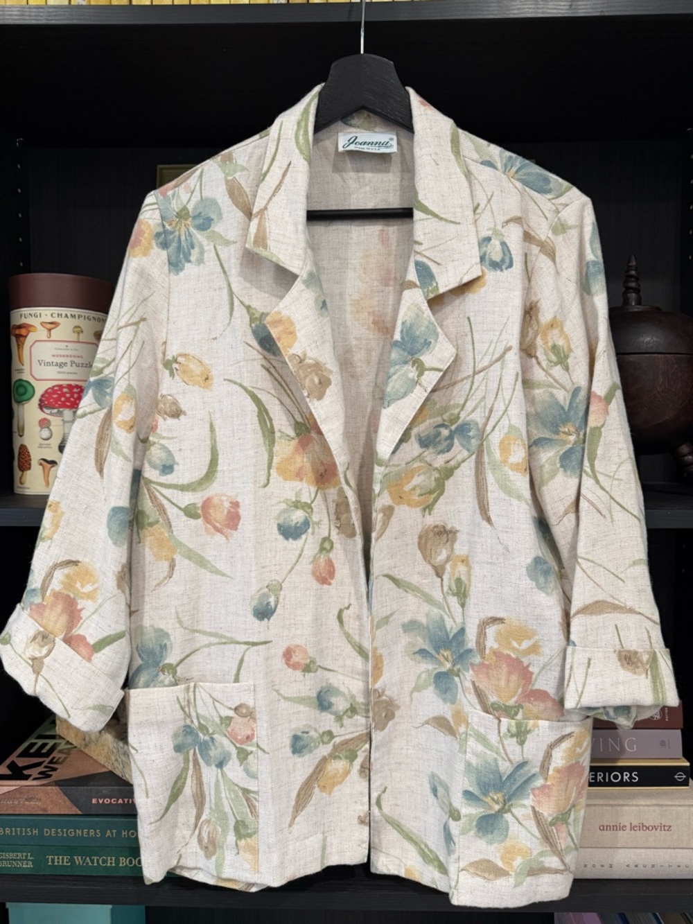 Vintage Linen Floral Blazer Pastel Watercolor Print Lightweight Spring Jacket
